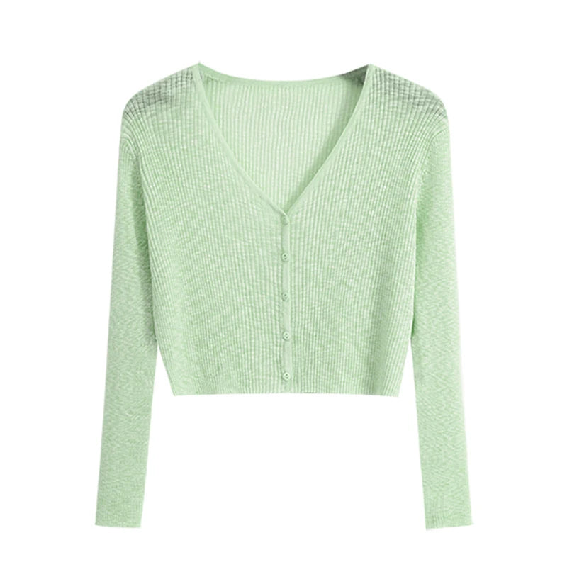 2026 Summer Thin Air Conditioning Blouse Ice Silk Knit Sun Protection Women Cardigan Solid Color Casual Short Shawl Outerwear - Matrix Studios
