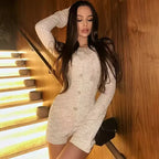 Elegant Women Beige Tweed Long-sleeve Romper Button-detail Bodycon Jumpsuit 2026 Spring Summer New Lady Trendy Chic Party Wears - Matrix Studios