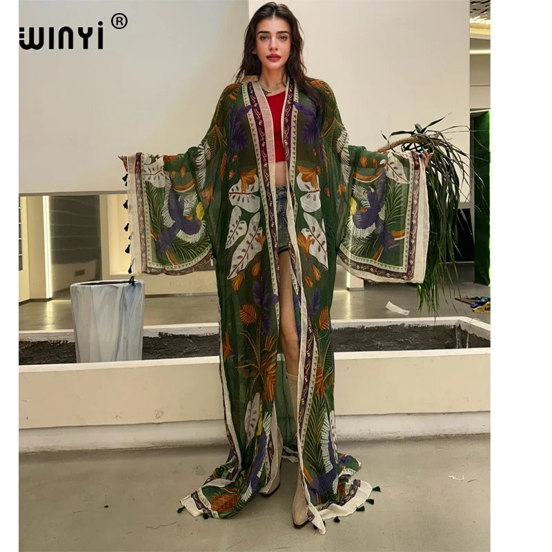 WINYI Summer Outfit Kimono Africa Boho Print Beach Cover Up Muslim Dress Cardigans Beach Wear Women Abaya Dubai Luxury Kaftan - Matrix Studios