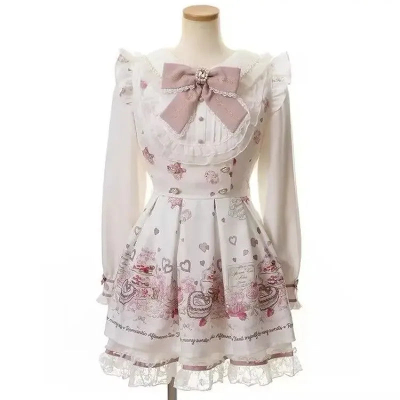 Y2k Aesthetic Lolita Style Bow Dress Shorts Set Japanese Women Gothic Lace Flare Sleeve Button Shirt Dress Punk Party Mini Dress - Matrix-studios.com