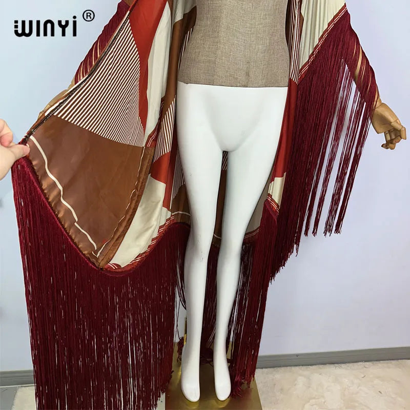 WINYI Kimono Cover-ups Summer Boho Print Bikini Cover-up Elegant Fashion Cardigan Sexy Holiday Long Sleeve Tassels Maxi Dress - Matrix Studios