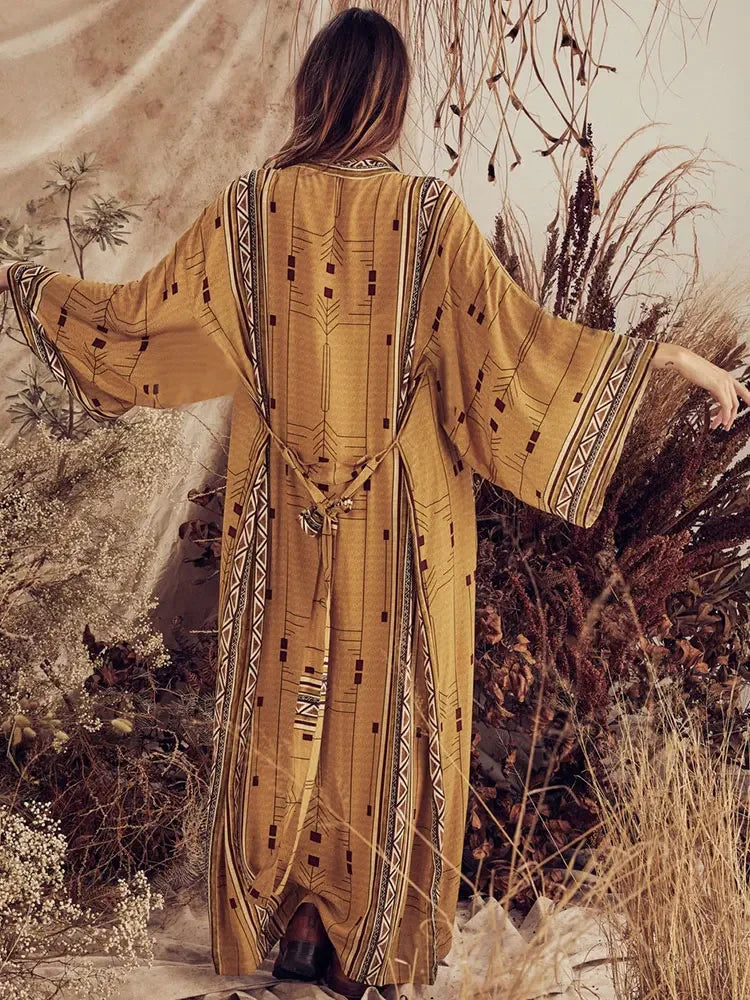 Bohemian Printed Bikini Cover-ups Elegant Self Belted Kimono Dress Tunic Women Plus Size Beach Wear Swim Suit Cover Up Q1228 - Matrix Studios