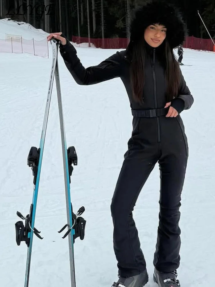 Chic Hooded One Piece Women's Winter Ski Suits Belt Stand Collar High Waist Pockets Overall Jumpsuits 2026 New Lady Warm Skiwear - Matrix Studios