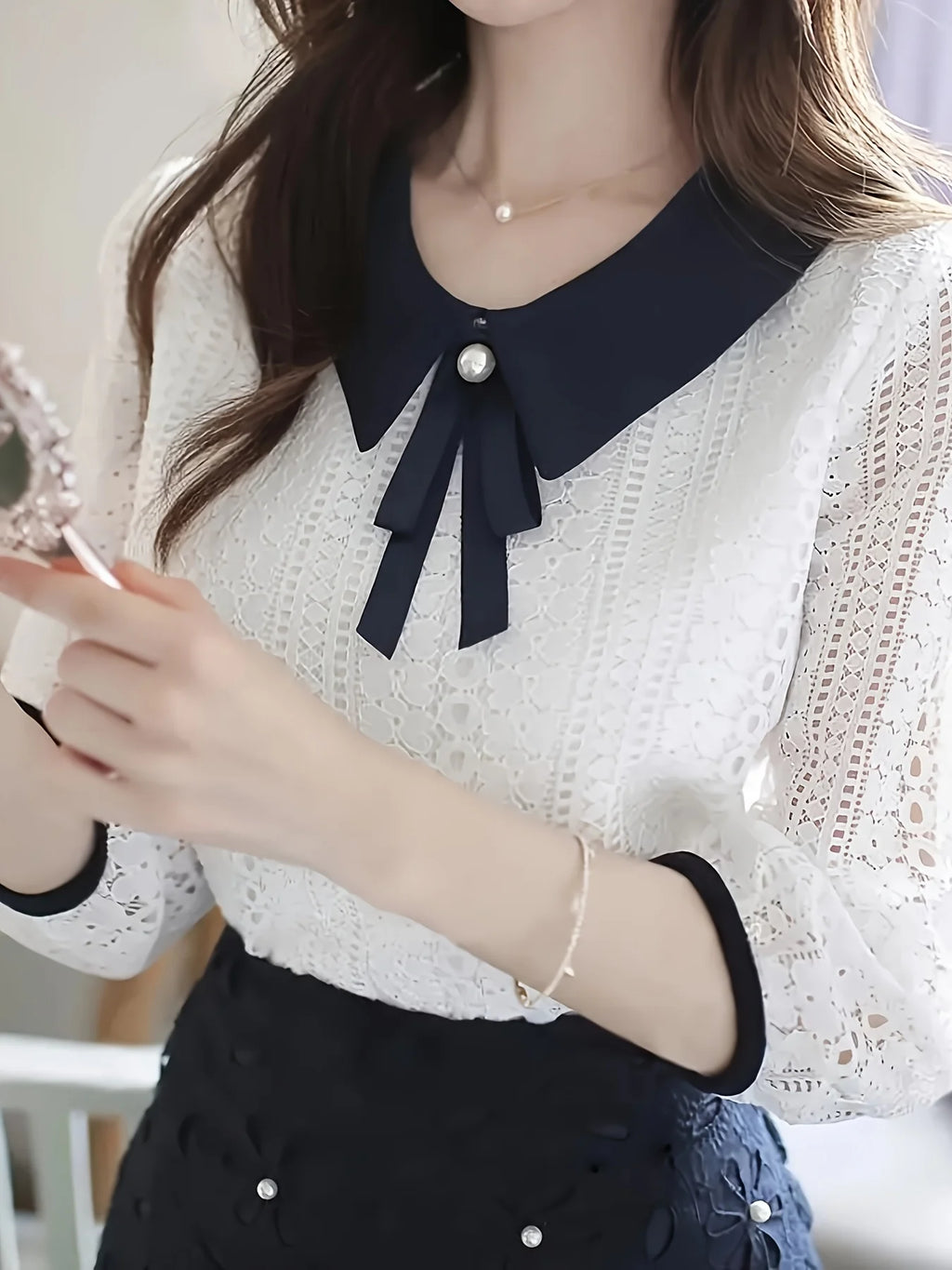 Women's Spring Autumn Style Lace Blouses Shirt Women Peter Pan Collar Solid Color Half Sleeve Elegant Lace Tops SP8676 - Matrix-studios.com