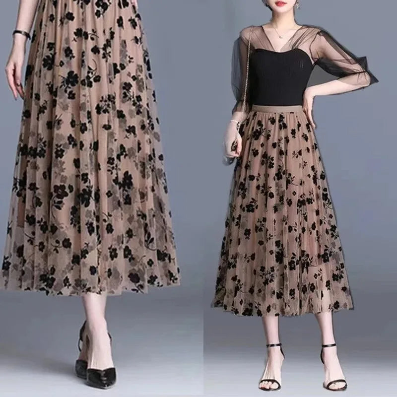Gauze skirt floral half fairy skirt spring and summer new pleated A-line skirt in the long high waist thin gauze skirt - Matrix-studios.com