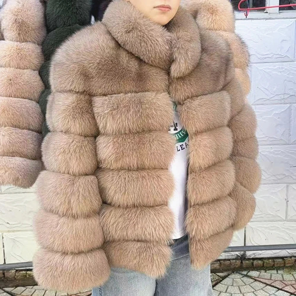 QUEENTINA Winter New Women's Cold Real Fox Fur Coat With Collar Especially Overcoat Leather Female Natural Plus Size 2023 Luxury - Matrix Studios