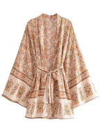 Multi Floral Print Sashes Kimono Women V Neck Batwing Sleeves Happie Bohemian Short Robe  Beach Boho Bikini Cover-ups - Matrix Studios