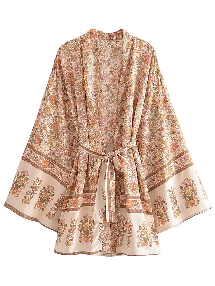Multi Floral Print Sashes Kimono Women V Neck Batwing Sleeves Happie Bohemian Short Robe  Beach Boho Bikini Cover-ups - Matrix Studios