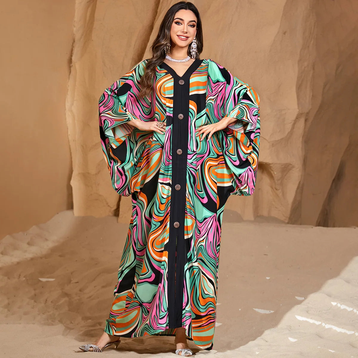 Caftans for Women Plus Size V-Neck Batwing Sleeve Kaftan Dress for Beach Swimwear Cover-Up Loungewear Mumu Dresses - Matrix Studios