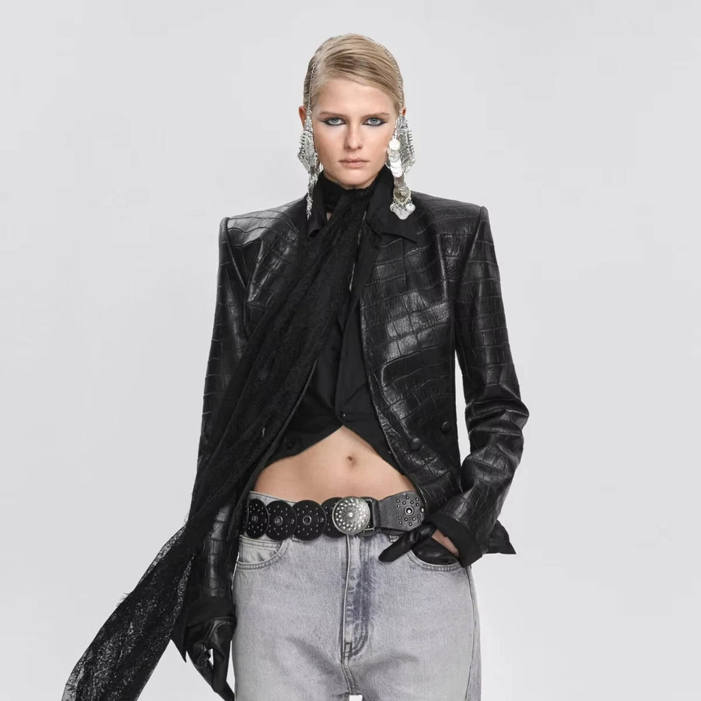 IG 2026 New Women's Gothic Faux Leather Embossed Fitted Leather Blazer Structured Shoulder Lace Cuff Casual Black Blazers - Matrix Studios