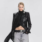 IG 2026 New Women's Gothic Faux Leather Embossed Fitted Leather Blazer Structured Shoulder Lace Cuff Casual Black Blazers - Matrix Studios