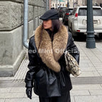 Neo Mint Luxury Brand Fashion Design Black Long Faux Leather Coat Women Detachable Fur Collar Oversized PU Leather Jacket Blazer - Matrix Studios