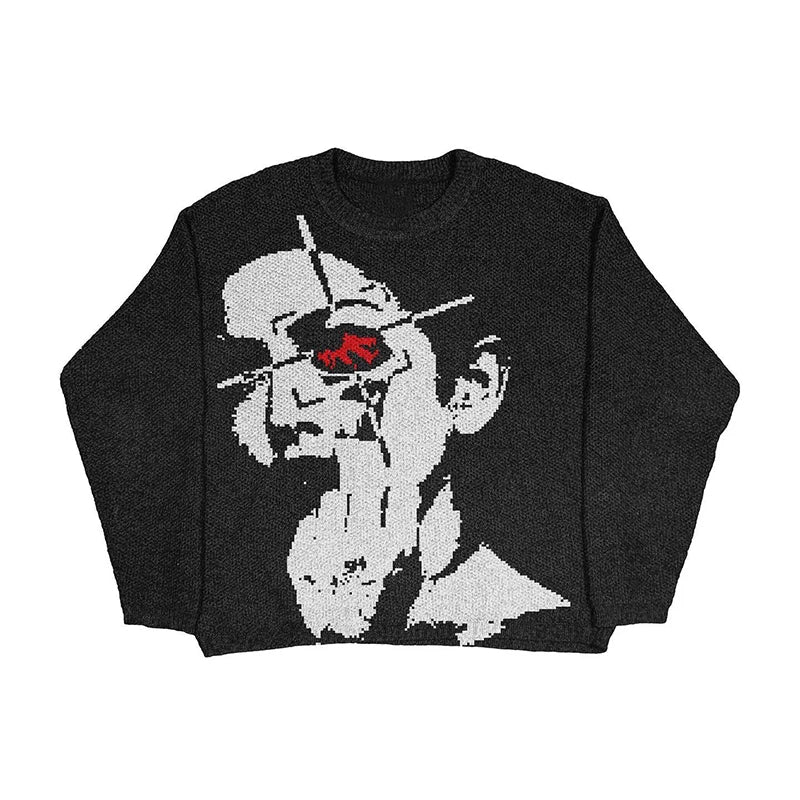 New Hip Hop Streetwear Knitted Sweater men Gothic portrait Print Pullover autumn Harajuku Cotton sweater women Oversized Sweater - Matrix Studios
