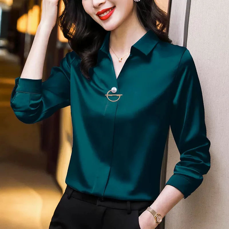 Elegant Women Chiffon Blouse 2025 New Temperament Turndown Collar Office Lady Shirt Streetwear Casual Solid Color Tops Clothing - Matrix-studios.com