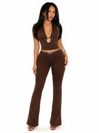 Women 2 Piece Outfits Halter Cutout Crop Top & Flare Pants Set, Metal Buckle Eyelet Detail Sleeveless Bodycon Matching Sets Y2K Club Co‑Ord - Matrix-studios.com