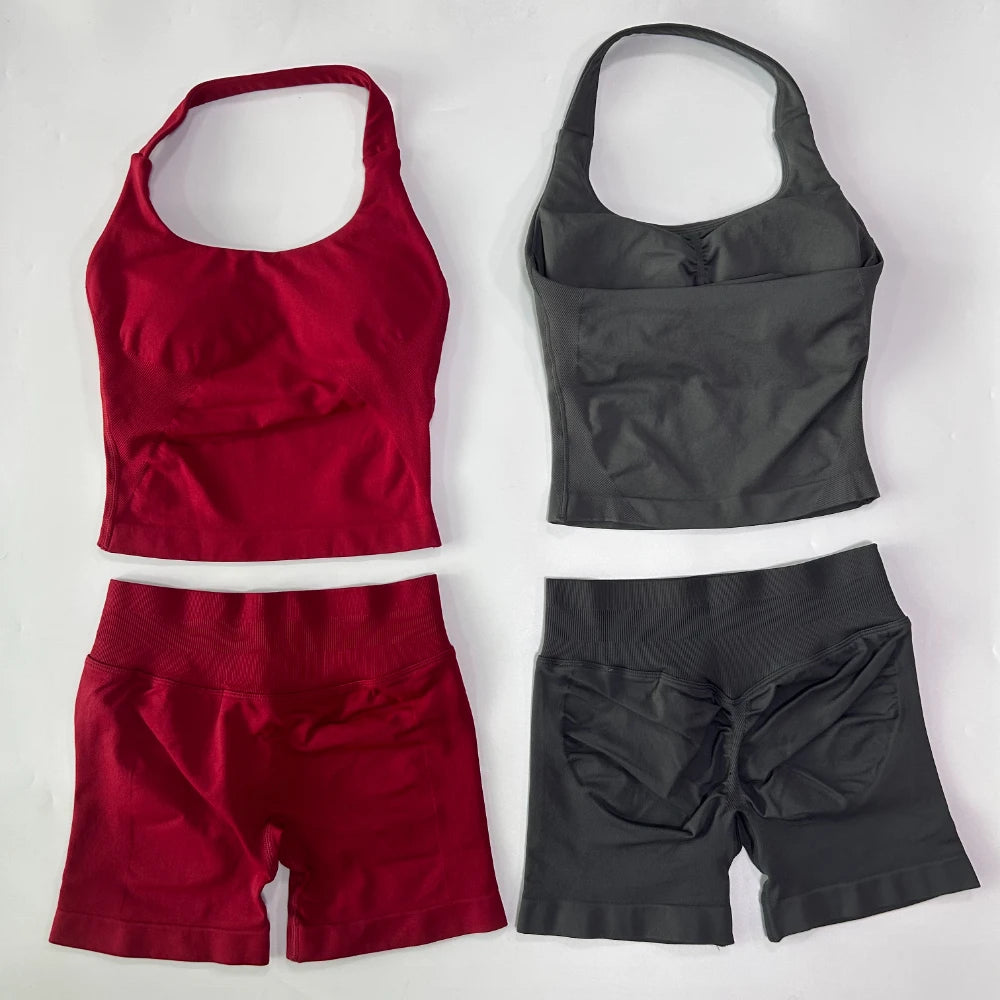 No Logo 2 Pieces Gym Set Women Backless Halter Tops High Waist Seamless Shorts Gym Suit Fitness Clothes Sportswear Workout Sets - Matrix-studios.com