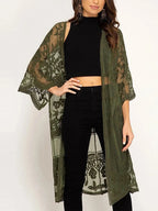 Women Beachwear Cardigan Solid Color 3/4 Sleeve See-Through Embroidery Flower Beach Dress For Women Summer Holiday Cover-Up - Matrix Studios
