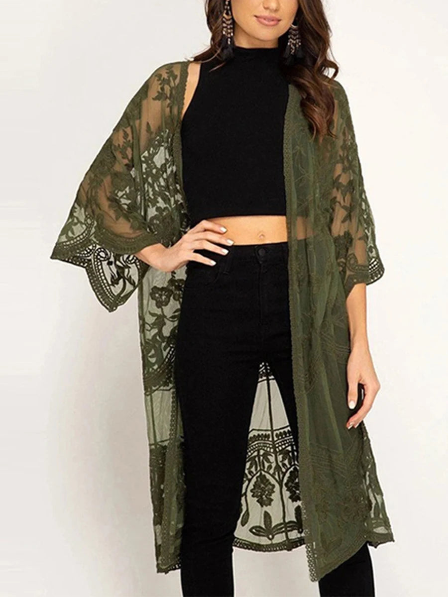 Women Beachwear Cardigan Solid Color 3/4 Sleeve See-Through Embroidery Flower Beach Dress For Women Summer Holiday Cover-Up - Matrix Studios