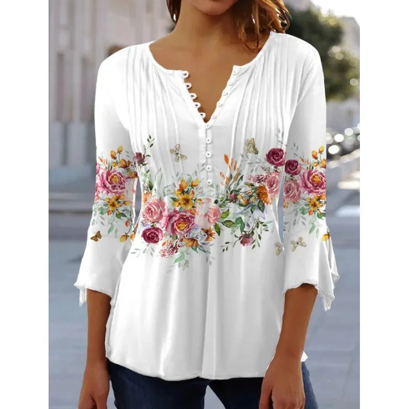 V-Neck Elegant Office Lady Blouses Tops Blusas 2024 Casual Trendy Summer Blouses Print Three Quarter Buttons Women Shirts S-3XL - Matrix-studios.com