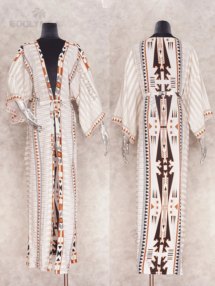 Bohemian Printed Bikini Cover-ups Elegant Self Belted Kimono Dress Tunic Women Plus Size Beach Wear Swim Suit Cover Up Q1228 - Matrix Studios