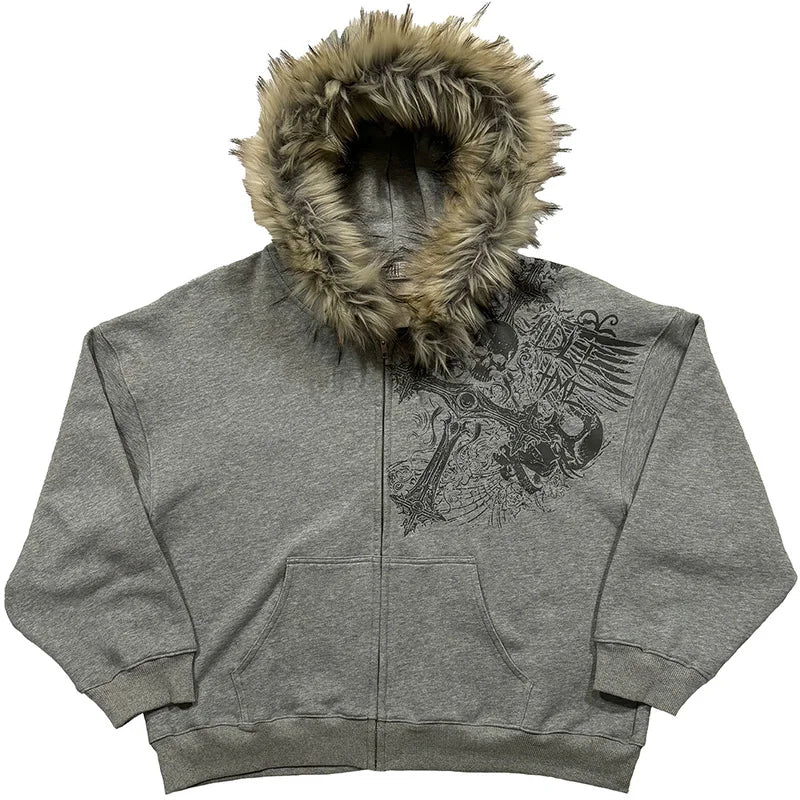 Autumn Winter Y2k Women Aesthetic Harajuku Faux Fur Collar Hoodies Clothes Graphic Hip Hop Punk Gothic Zip Up Hoodies 2026 New - Matrix-studios.com