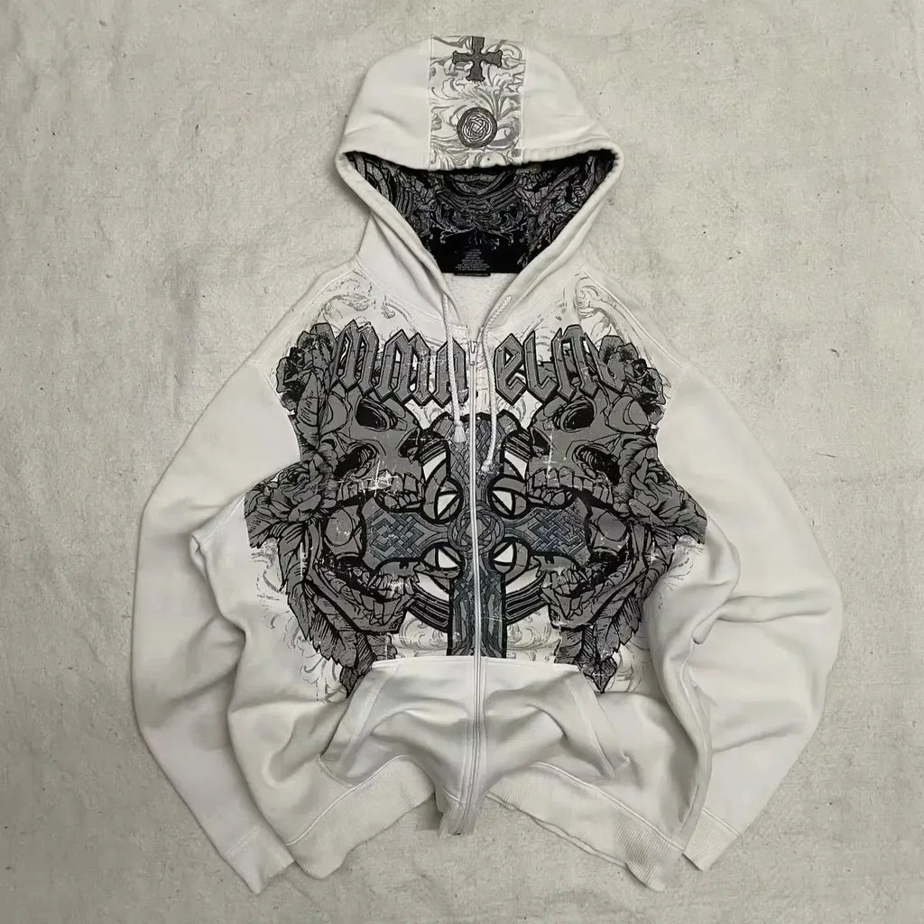 American Y2K New Hip Hop Trend Zipper Hoodie Women Street Casual Loose Joker Vintage Sweatshirt Unisex Fleece Padded Warm Hoodie