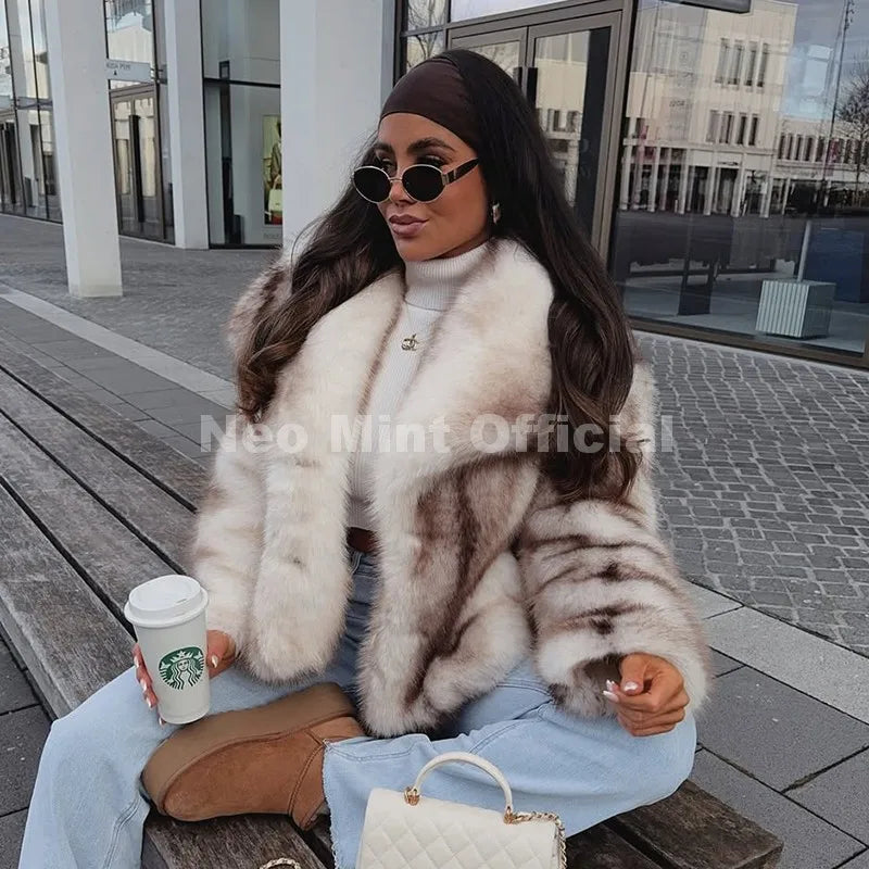 Neo Mint 2025 Winter Exclusive Striped Faux Fur Jacket Women Overcoat Brand Blogger Fashion Fluffy Fox Fur Collar Coat Outerwear - Matrix Studios
