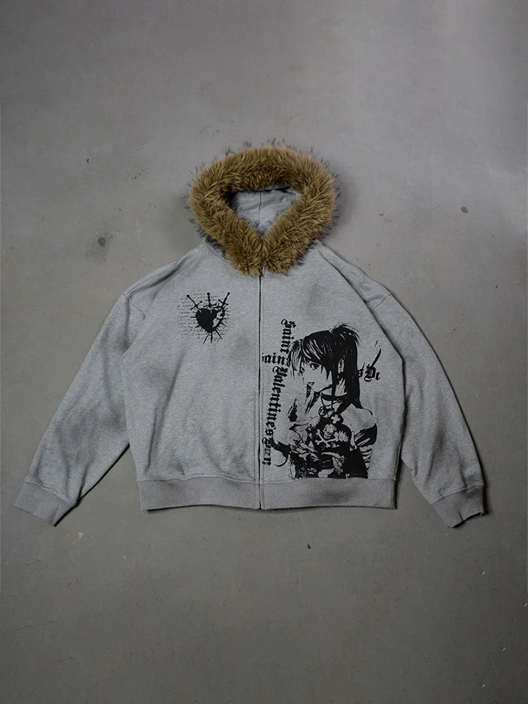 Winter Fashion Streetwear Women's Gothic Printed Faux Fur Hooded Jacket Trendy Edgy Zip - Up Sweatshirt 2026 New Arrival - Matrix Studios