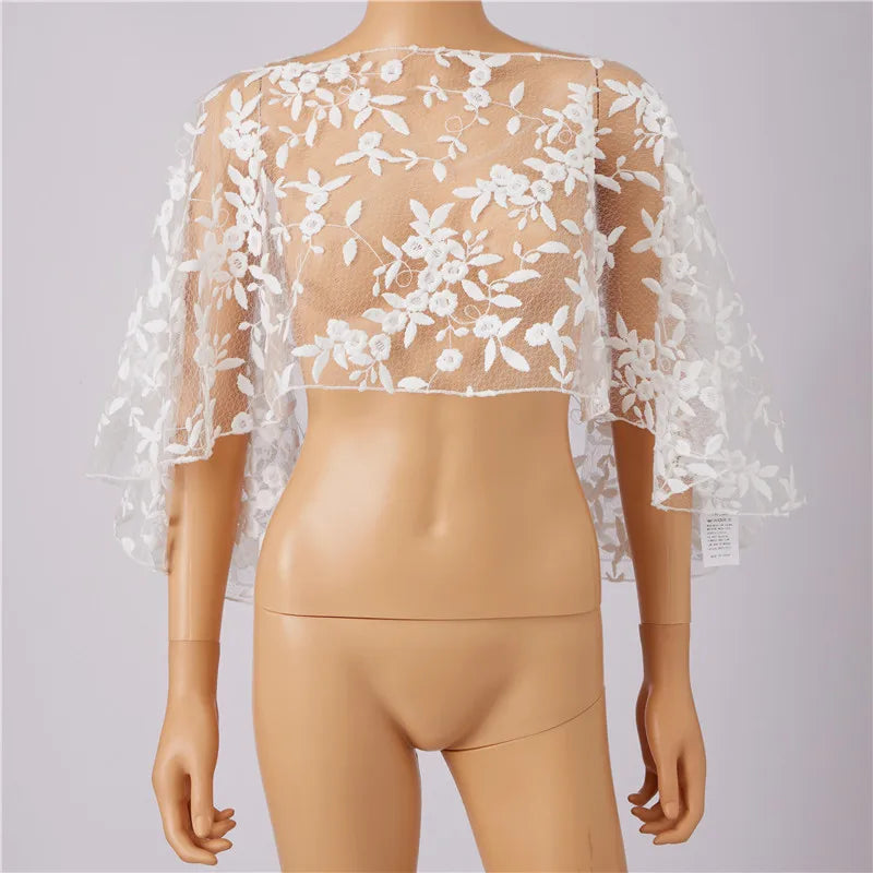 hirigin Women Floral Lace Tulle Cape Short Wedding Shawl Bell Sleeve Sheer Mesh Bolero Cover Up Bridal Evening Party Prom Shrug - Matrix Studios