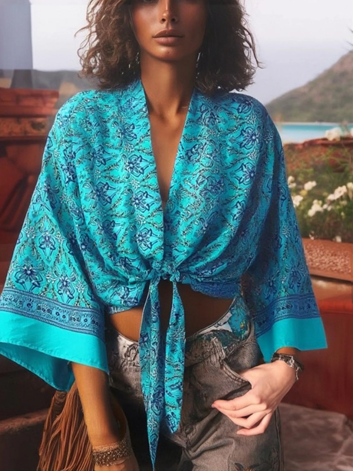 Boho Queens Red Floral Beach Kimono Short Robe Swimsuits Women Fashion Batwing Sleeves Rayon Bohemian Bikini Cover Ups Beachwear - Matrix Studios