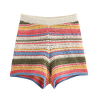 Women Patchwork Striped Hollow Out Crochet Knitted Crop Sweater Shorts Set Short Sleeve Polo Collar Sweater Knit Shorts Suit Y2K - Matrix-studios.com