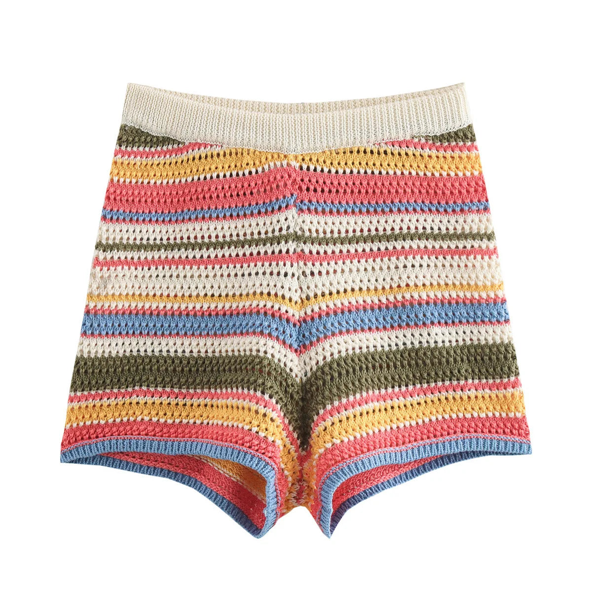Women Patchwork Striped Hollow Out Crochet Knitted Crop Sweater Shorts Set Short Sleeve Polo Collar Sweater Knit Shorts Suit Y2K - Matrix-studios.com