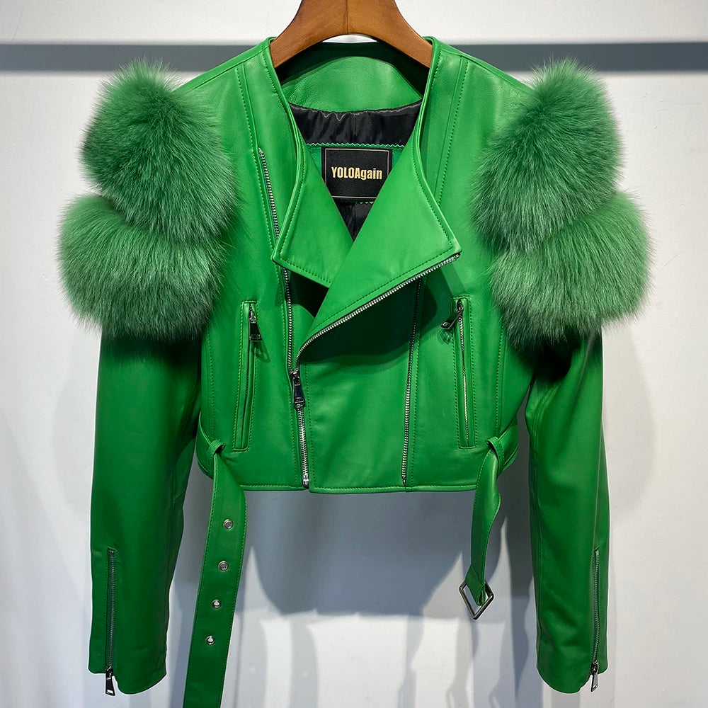 GO BALLISTIC YA Ladies' Genuine Leather Jacket with Fur Sleeve Women's Natural Lambskin Outfit - Matrix Studios