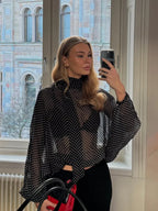 ETJ Women's Polka Dot Blouse Skirt Set 2026 Spring High Neck Batwing Sleeve Sheer Front Tie Bow Midi A-Line Dress Set - Matrix-studios.com