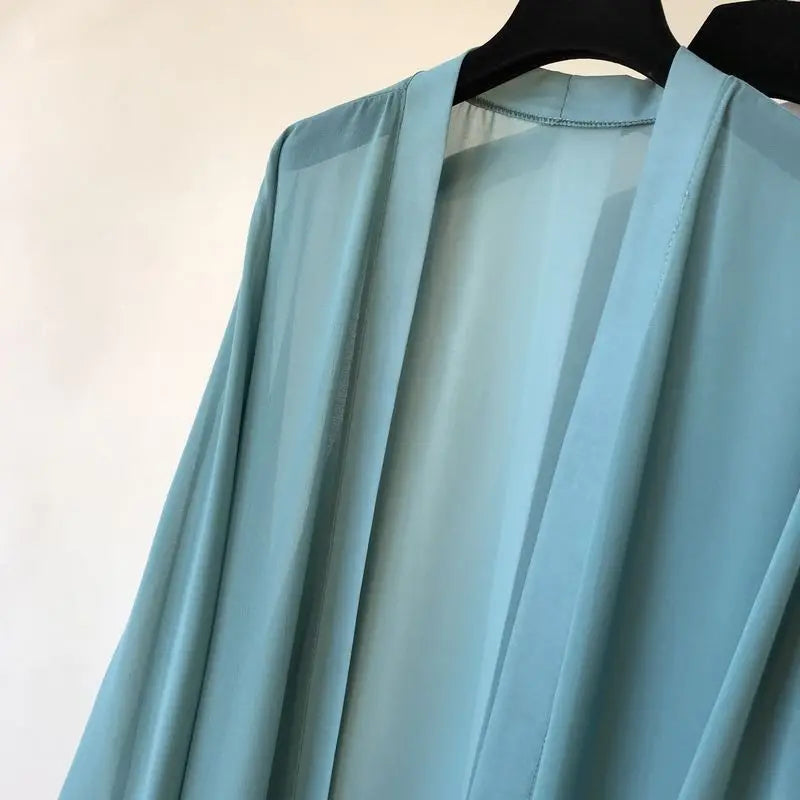 Beach Vacation Summer Women Long Cover-Ups Korean Fashion Casual New Loose Sunscreen Shawl Oversized Solid Chiffon Cardigan Tops - Matrix Studios