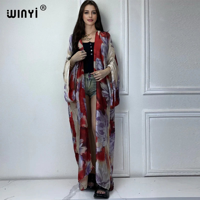 WINYI 2022 africa Boho Printed Long Kimono Dress Bikini Wrap Cover-ups Women Summer Clothes Beach Wear Swim Suit Cover Up kaftan - Matrix Studios