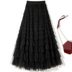 Sweet Layered Cake Me Skirt Elastic Waist Princ Long Dr Korean Sle High Waist Polyester Fabric Mid-Length Skirt - Matrix-studios.com