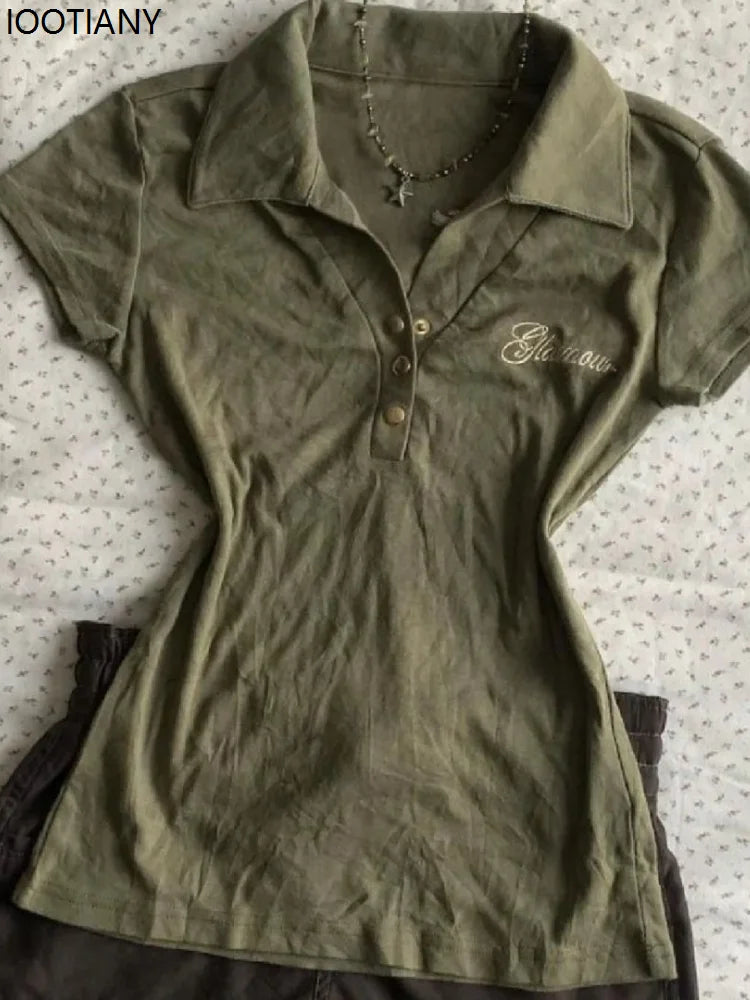 Vintage Polo Shirt Y2k Women's Gothic Style V-neck Slim Harajuku American Letter Print Punk Army Green Short Sleeve T-shirt 2025 - Matrix-studios.com