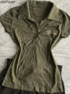 Vintage Polo Shirt Y2k Women's Gothic Style V-neck Slim Harajuku American Letter Print Punk Army Green Short Sleeve T-shirt 2025 - Matrix-studios.com