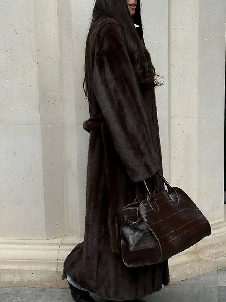 Brown Long Faux Fur Coat Women Fashion Full Sleeve Fluffy Loose Lace Up Overcoat 2025 Winter Lady Daily High Street Outwear - Matrix Studios