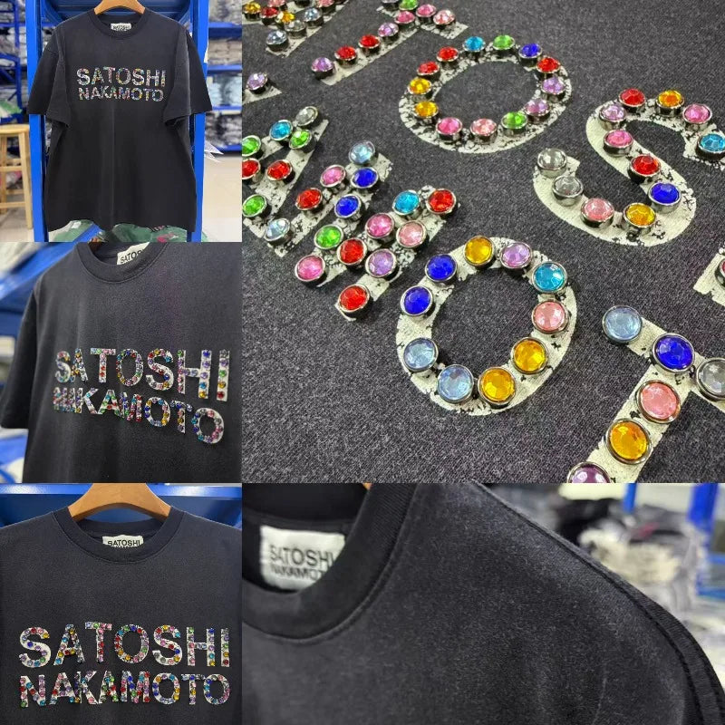 American Style Street Fashion Brand Satoshi Nakamoto Tops New Summer Men's Women's Glittering Rhinestones Short Sleeved - Matrix-studios.com