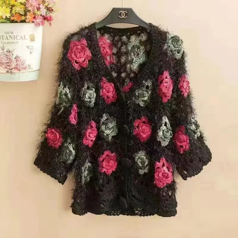 Three-Dimensional Flower Openwork Crocheted Sweater Cardigan Women's Spring And Autumn New Heavy Industry Joker Sweater 3XL Coat - Matrix Studios