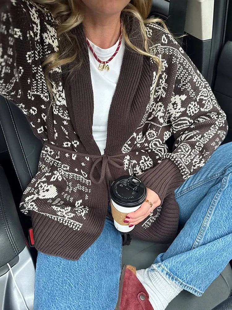 Jacquard Cardigan Women V-Neck Tie Waist Cardigans Long Sleeve Knit Sweater Waist Cuff Casual Autumn Fashion Trendy Streetwear - Matrix Studios