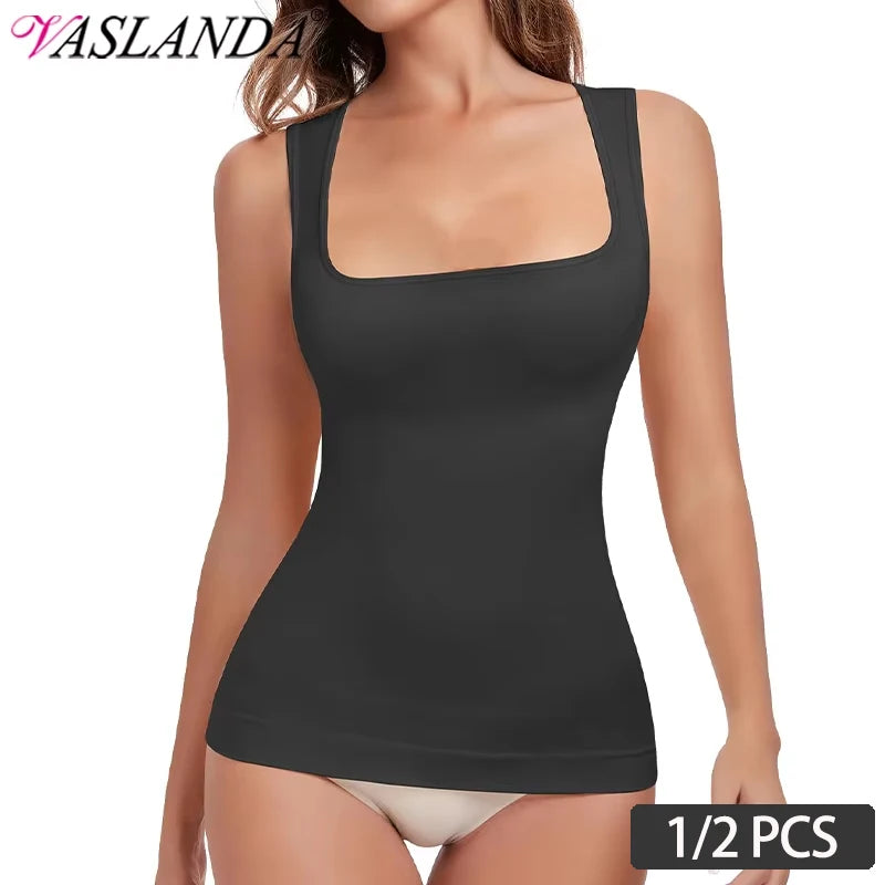 1/2 PCS Shapewear Tummy Control Tank Top Compression Tanks for Women Square Neck Seam-free Body Shaper Camisole Cami Tops - Matrix-studios.com