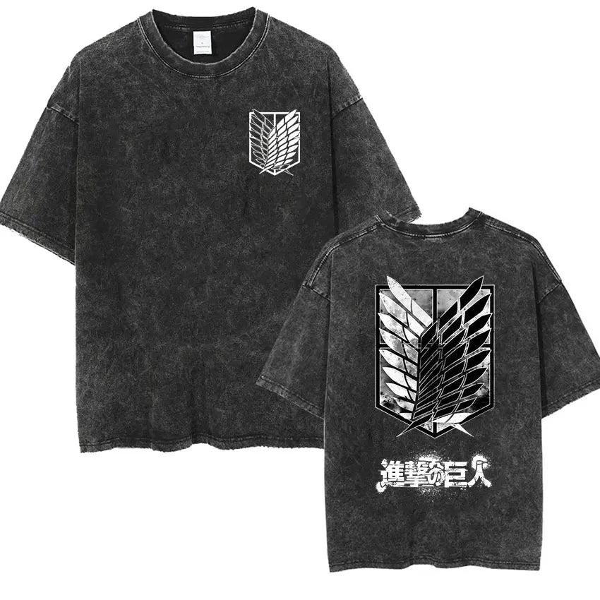 Anime Attack on Titan Vintage Washed Print T-shirt Mikasa Ackerman Eren Jaeger Wings of Freedom Logo Mens Summer Cotton T-shirts - Matrix Studios