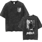 Anime Attack on Titan Vintage Washed Print T-shirt Mikasa Ackerman Eren Jaeger Wings of Freedom Logo Mens Summer Cotton T-shirts - Matrix Studios