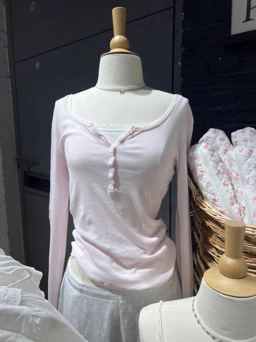 Pink Striped Slim Long Sleeve Tees Women Spring Casual Cotton O-neck Tshirt New Tops Clothes Sweet Cute  Vintage T-shirts Y2K - Matrix-studios.com