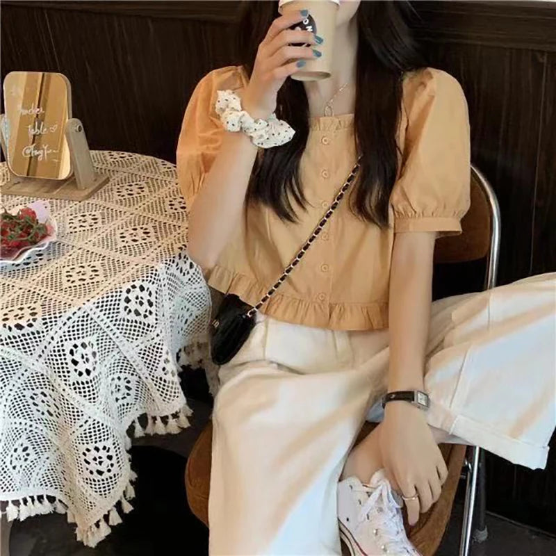 Korean Summer Ruffle Elegant Chiffon Cool Blouse Women Youthful Cute Cropped Tops Chic Short sleeve Feminine Shirt - Matrix-studios.com