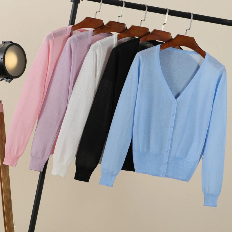 Summer Cardigan Women Cropped Korean Fashion Style Female Black Women's Coat Clothing V-neck Ladies Sweater Outerwear Cute Basic - Matrix Studios