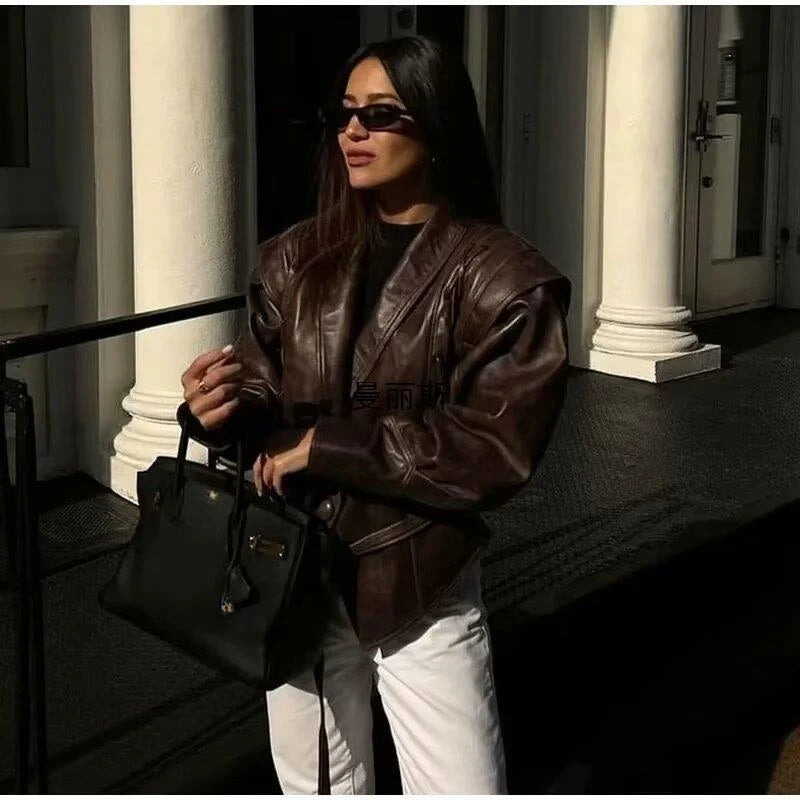 Suninheart Autumn and Winter Faux Leather Jackets for Women 2025 Dropped Shoulder Oversized Jacket Coat Belted Corset Jacket - Matrix Studios